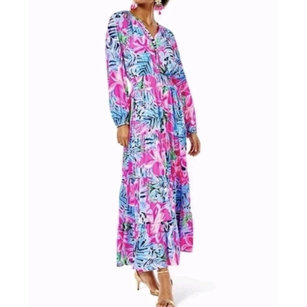 Lily Pulitzer Pauline Maxi Dress Women's Sm Zanzibar Pink Blue Floral Hibiscus